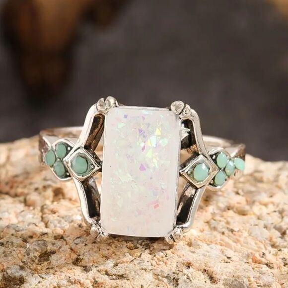 Rectangle White Lab Opal Antique Silvery Rings - Picture 9 of 12